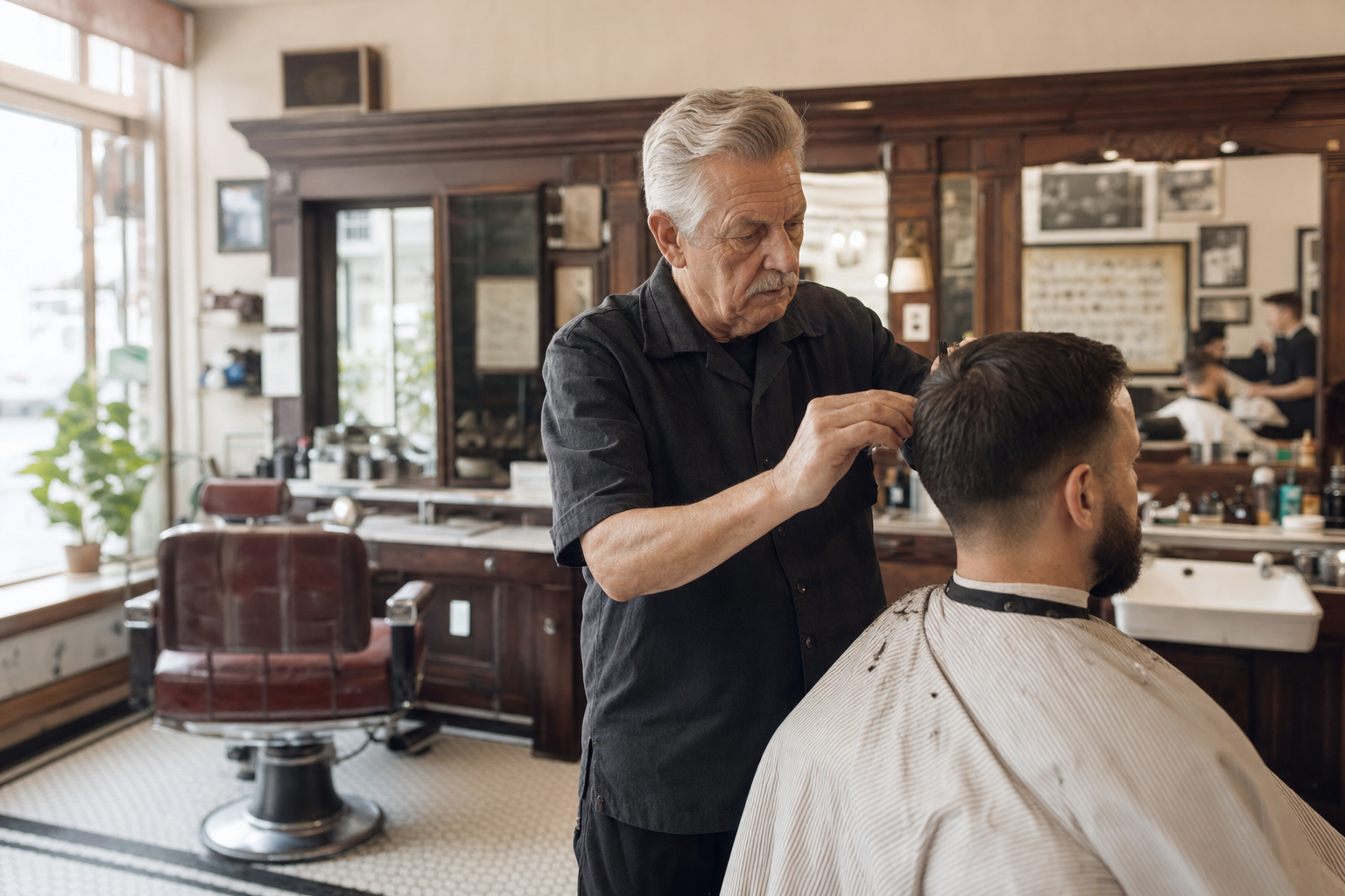 An American barbershop owner finishing a customer's haircut
