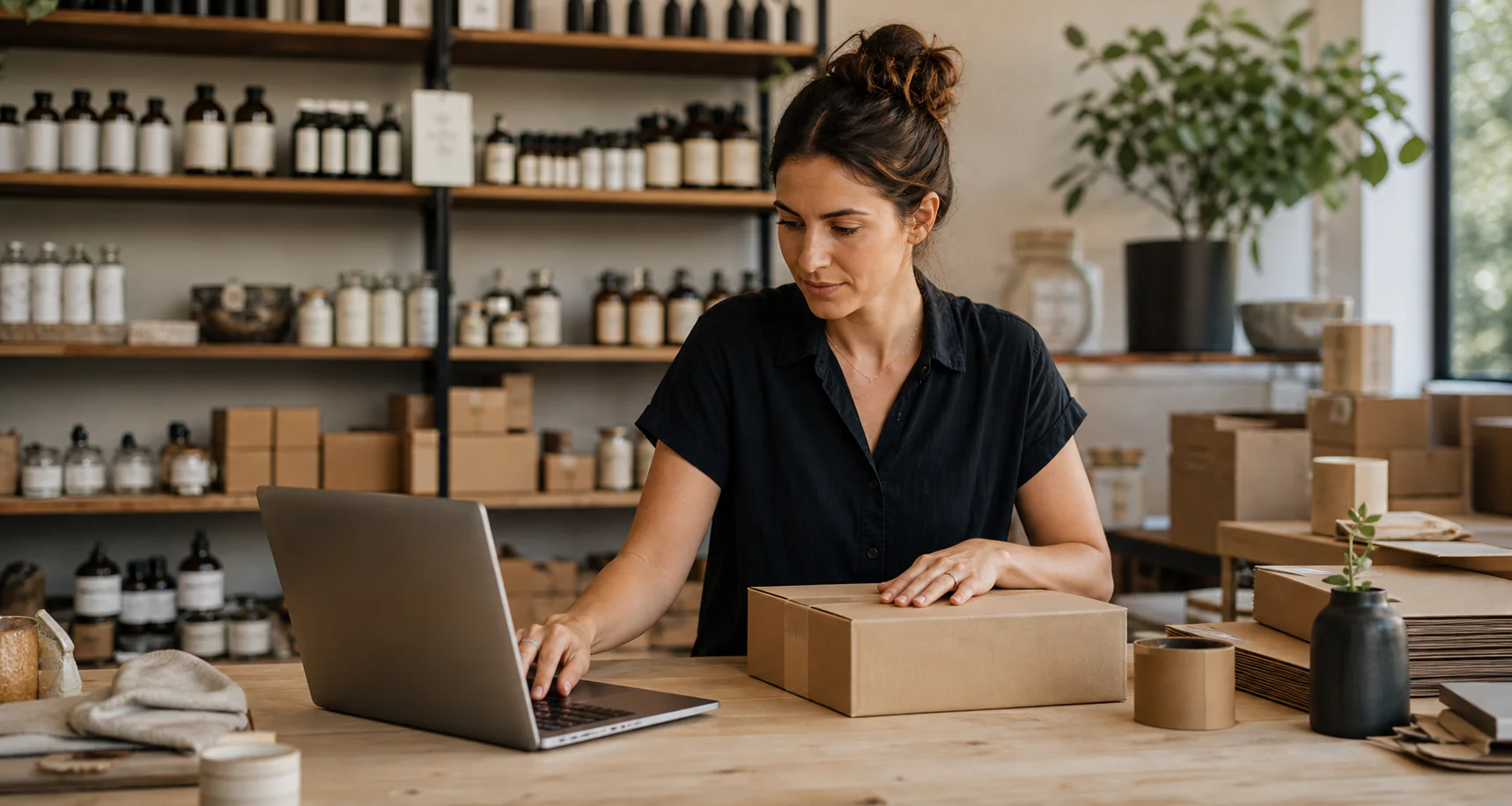 An independent online shop owner reviewing an order while packing a parcel
