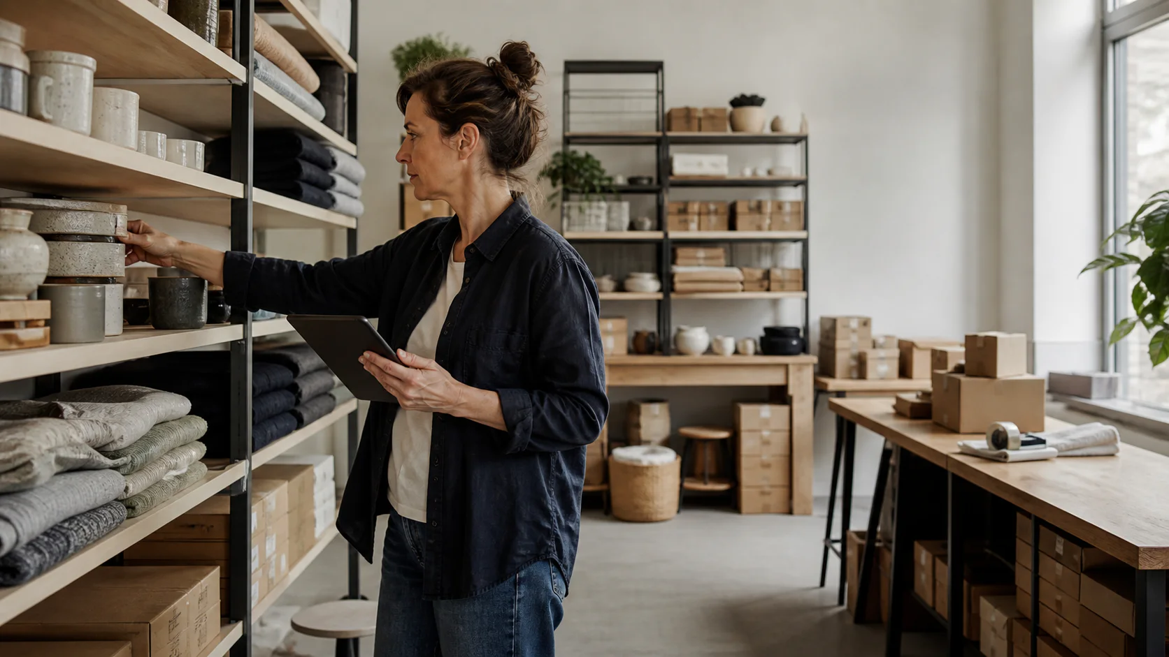 A small shop owner counting stock with a tablet in an organized stockroom