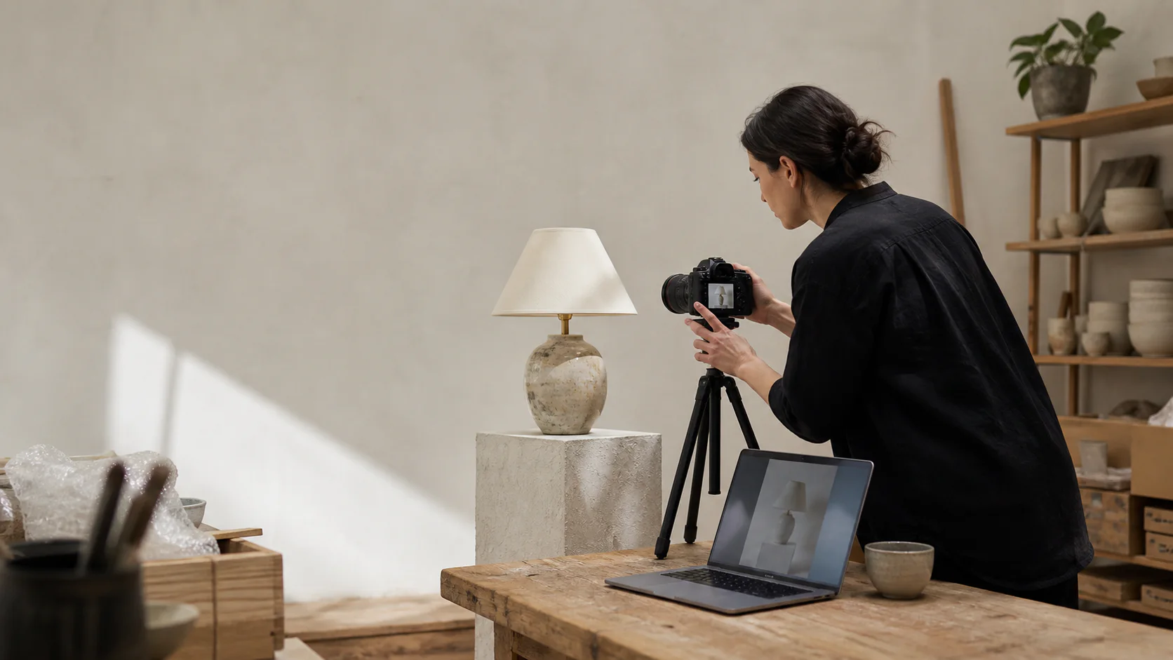 A maker photographing a handcrafted lamp for an online product page