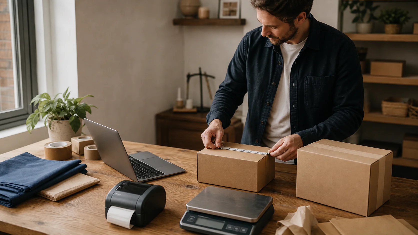 A small ecommerce merchant measuring packed parcels before purchasing shipping labels