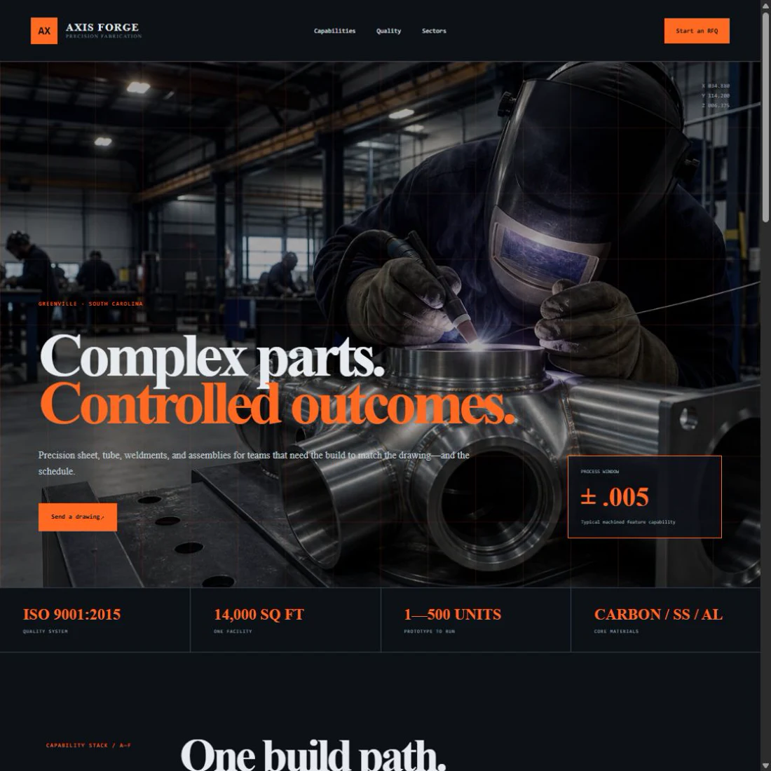 Axis Forge precision fabrication website card showing a welder at work