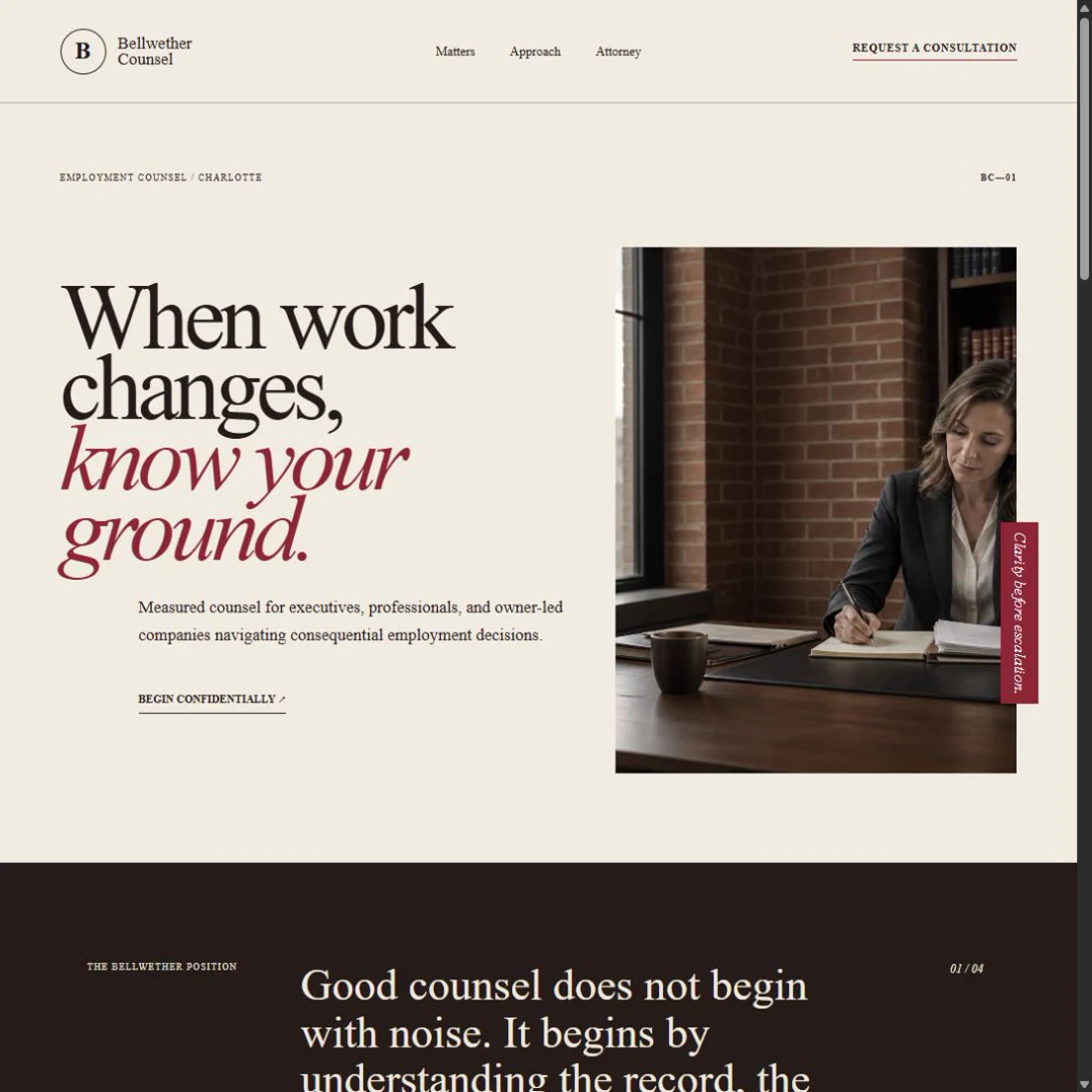 Bellwether Counsel employment law website card in a restrained editorial style