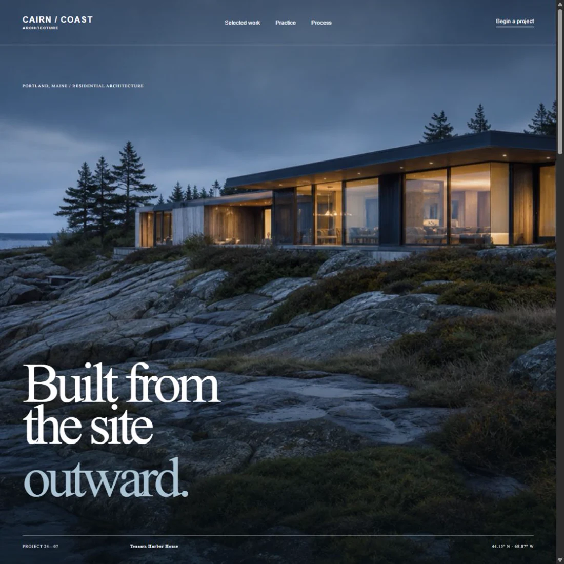Cairn Coast residential architecture website card with a coastal Maine residence