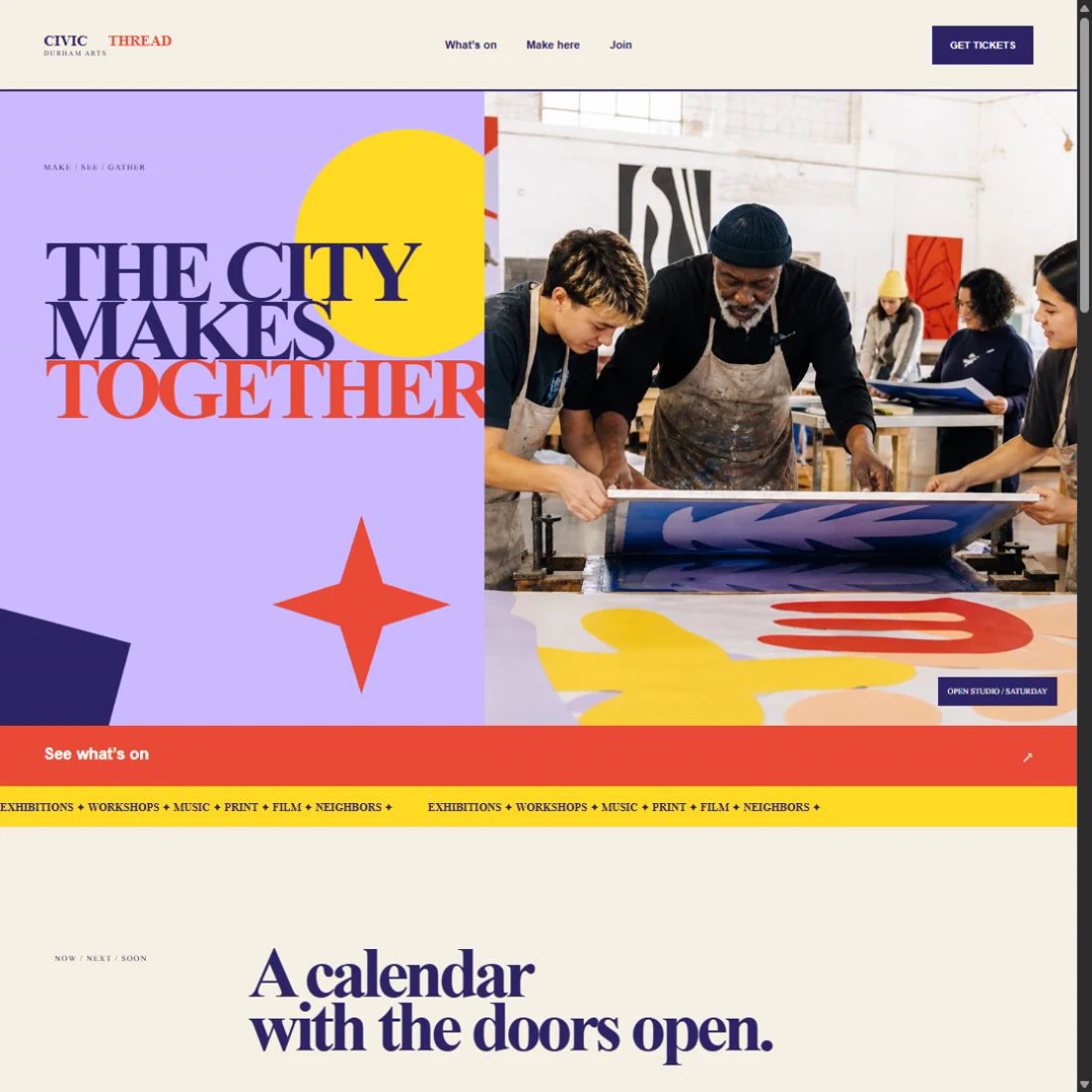 Civic Thread community arts center website card with artists screen-printing together