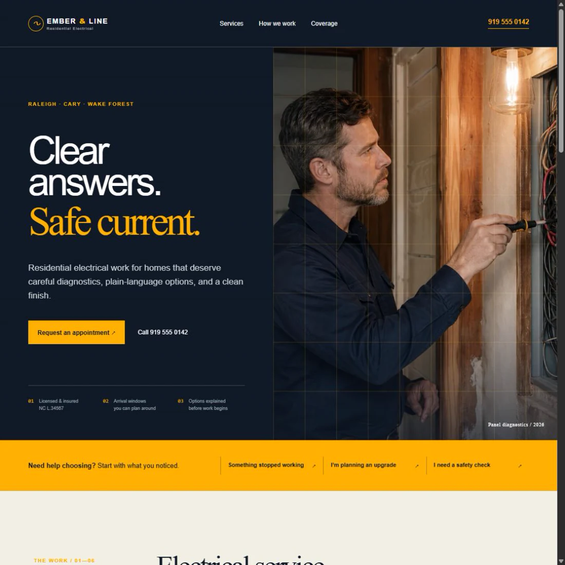 Ember & Line residential electrical website card with an electrician inspecting a panel