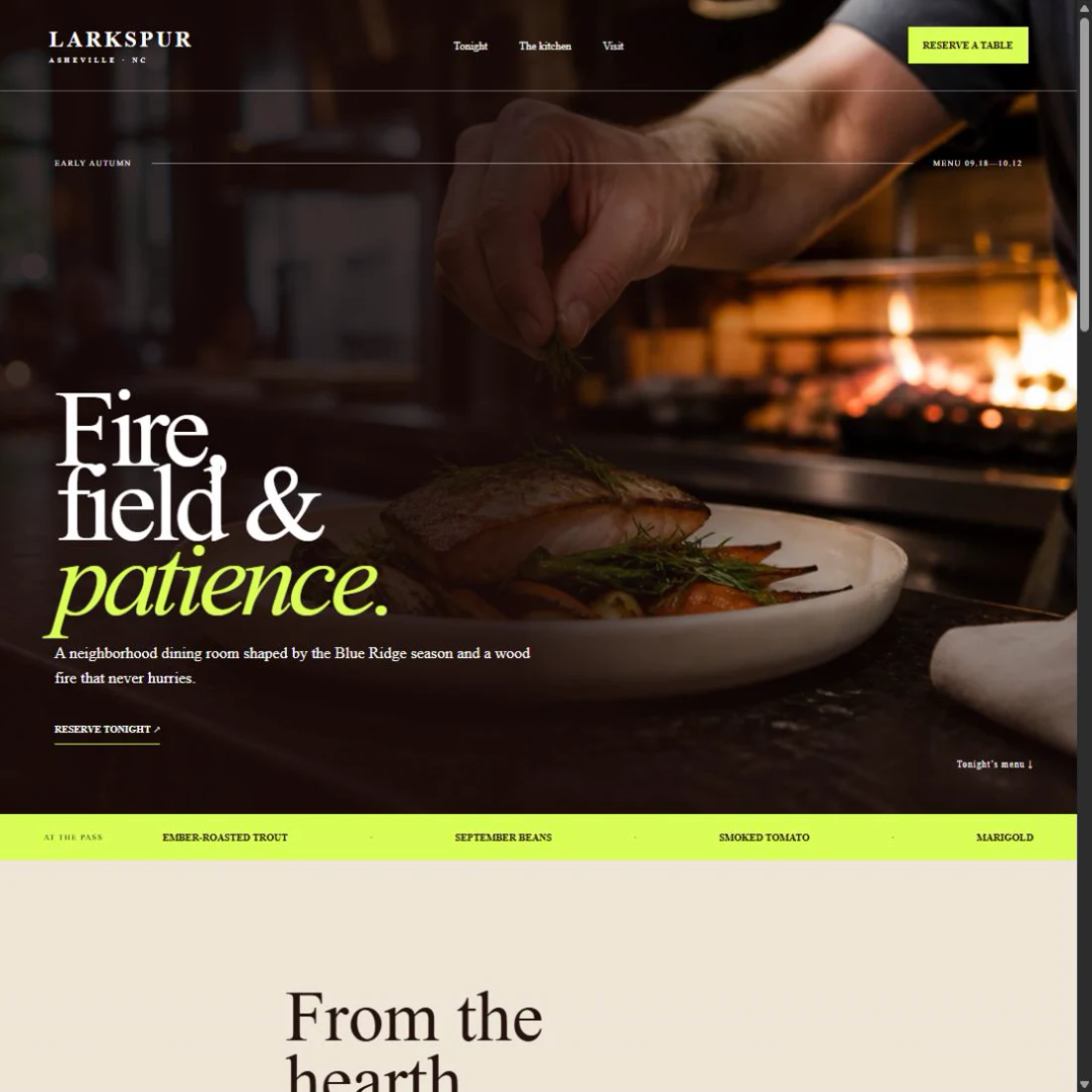 Larkspur seasonal restaurant website card featuring a wood-fired plate