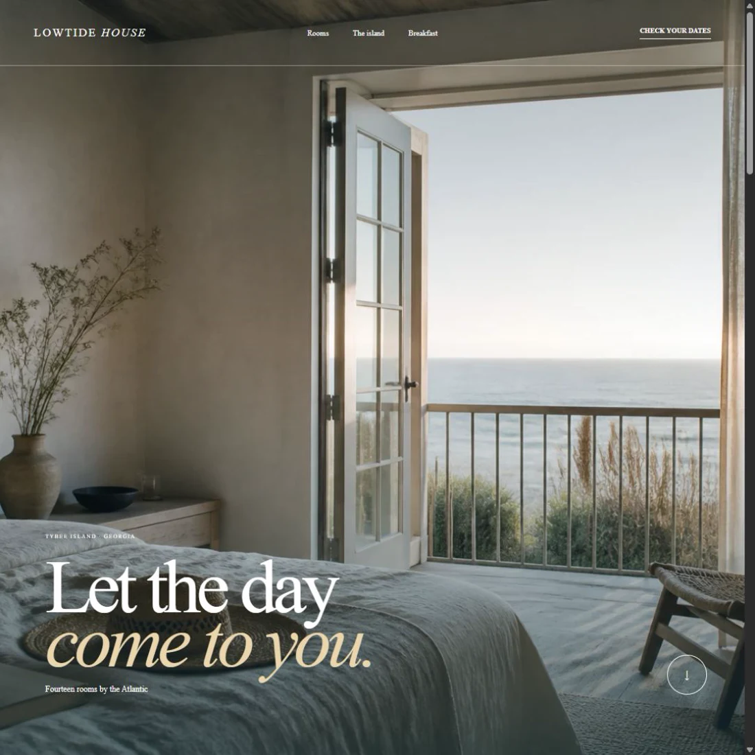 Lowtide House boutique hotel website card with a serene coastal guest room