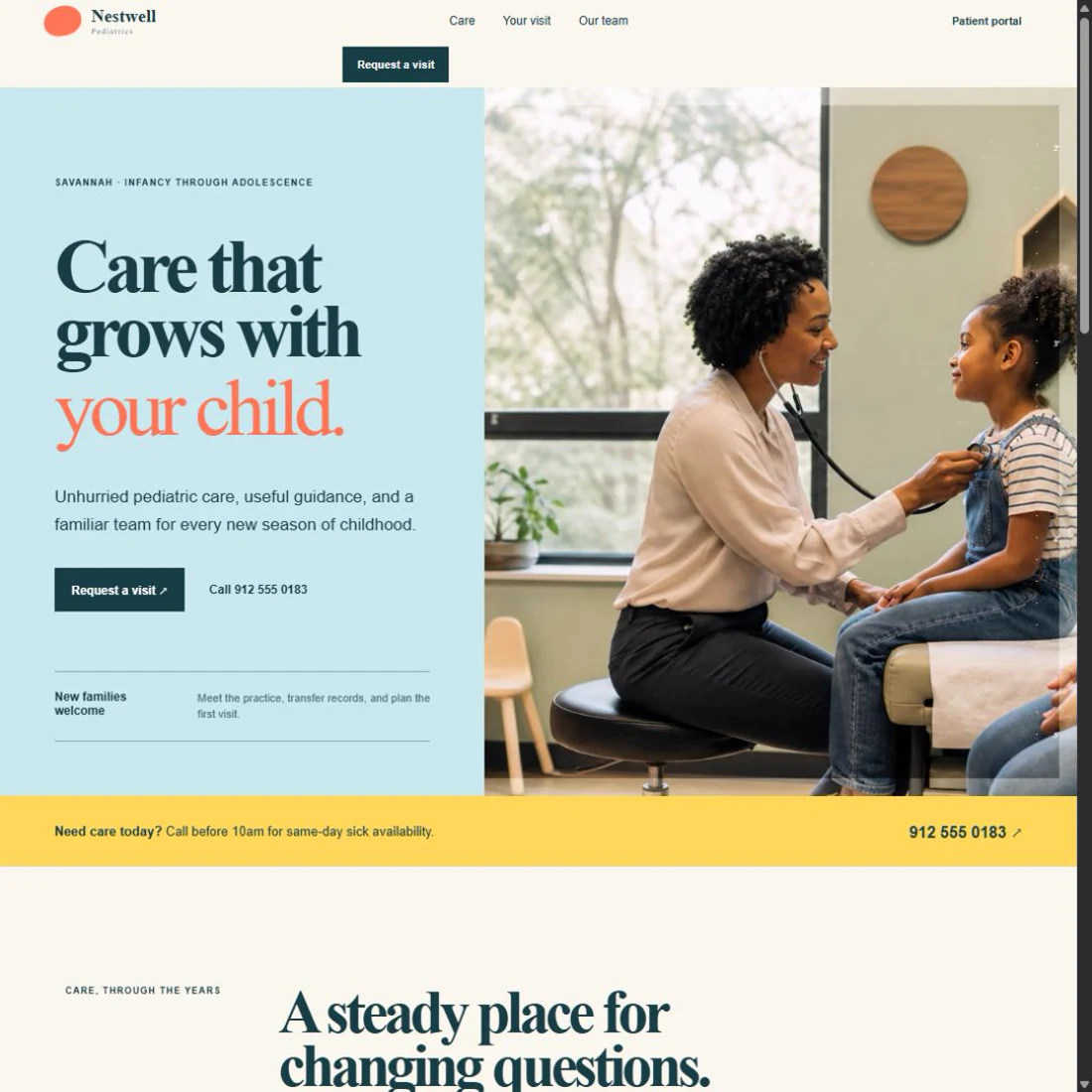 Nestwell Pediatrics website card showing a warm pediatric visit