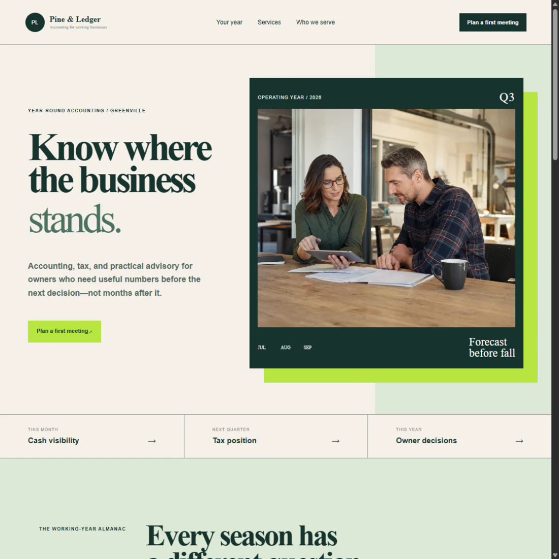 Pine & Ledger accounting and advisory website card with collaborative business planning