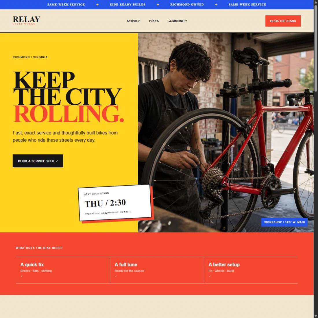 Relay Cycle Works bicycle shop website card with a mechanic servicing a road bike