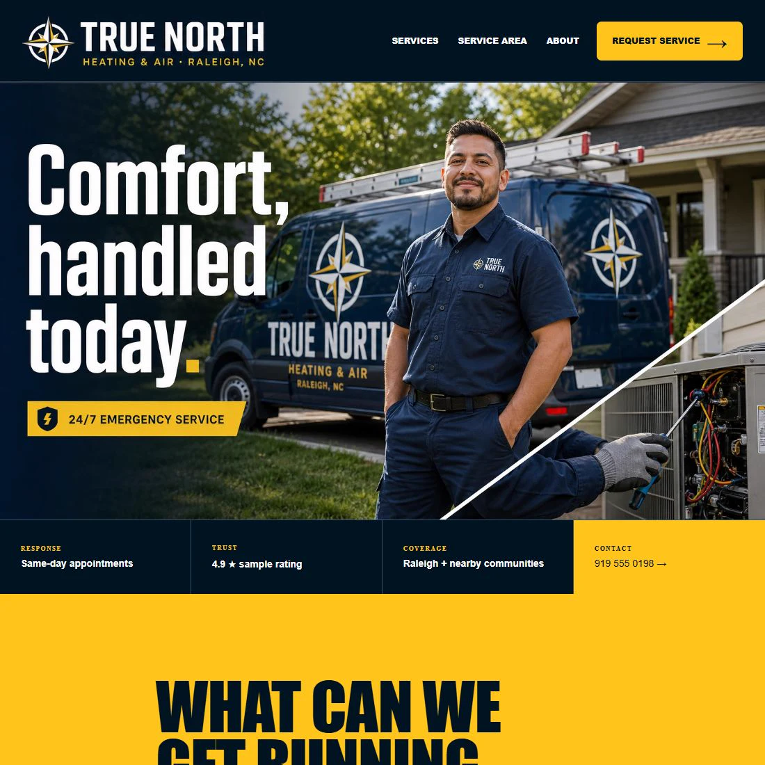 Approved True North Heating & Air website card with navy and yellow service branding