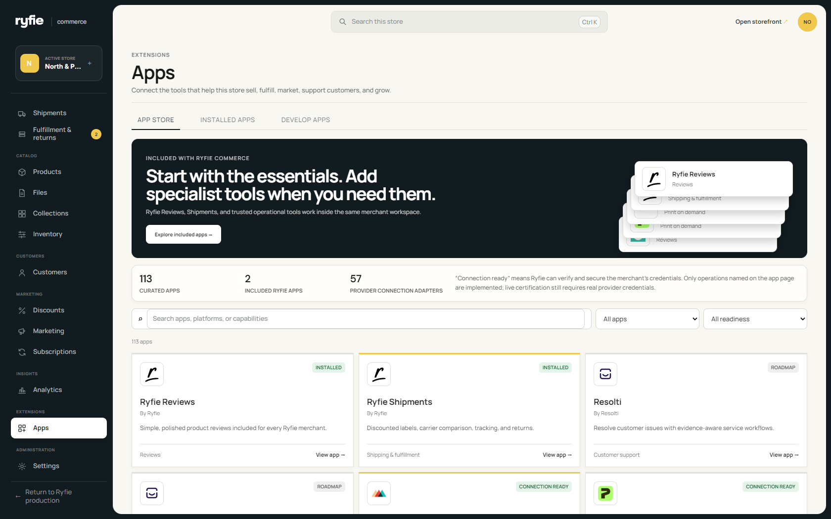 The ryfie commerce apps workspace showing native apps and supported connections