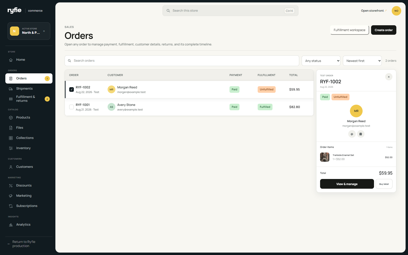 The ryfie commerce orders workspace showing payment, fulfillment, and order details