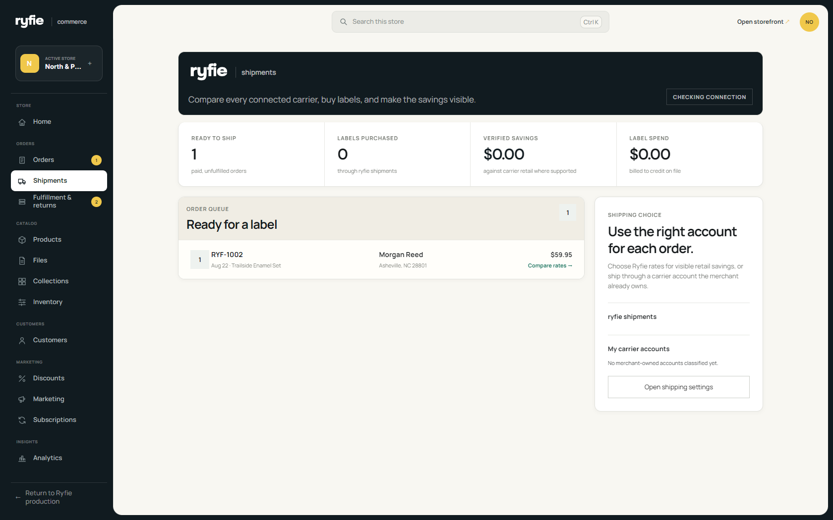 The ryfie shipments workspace showing an order ready for a shipping label