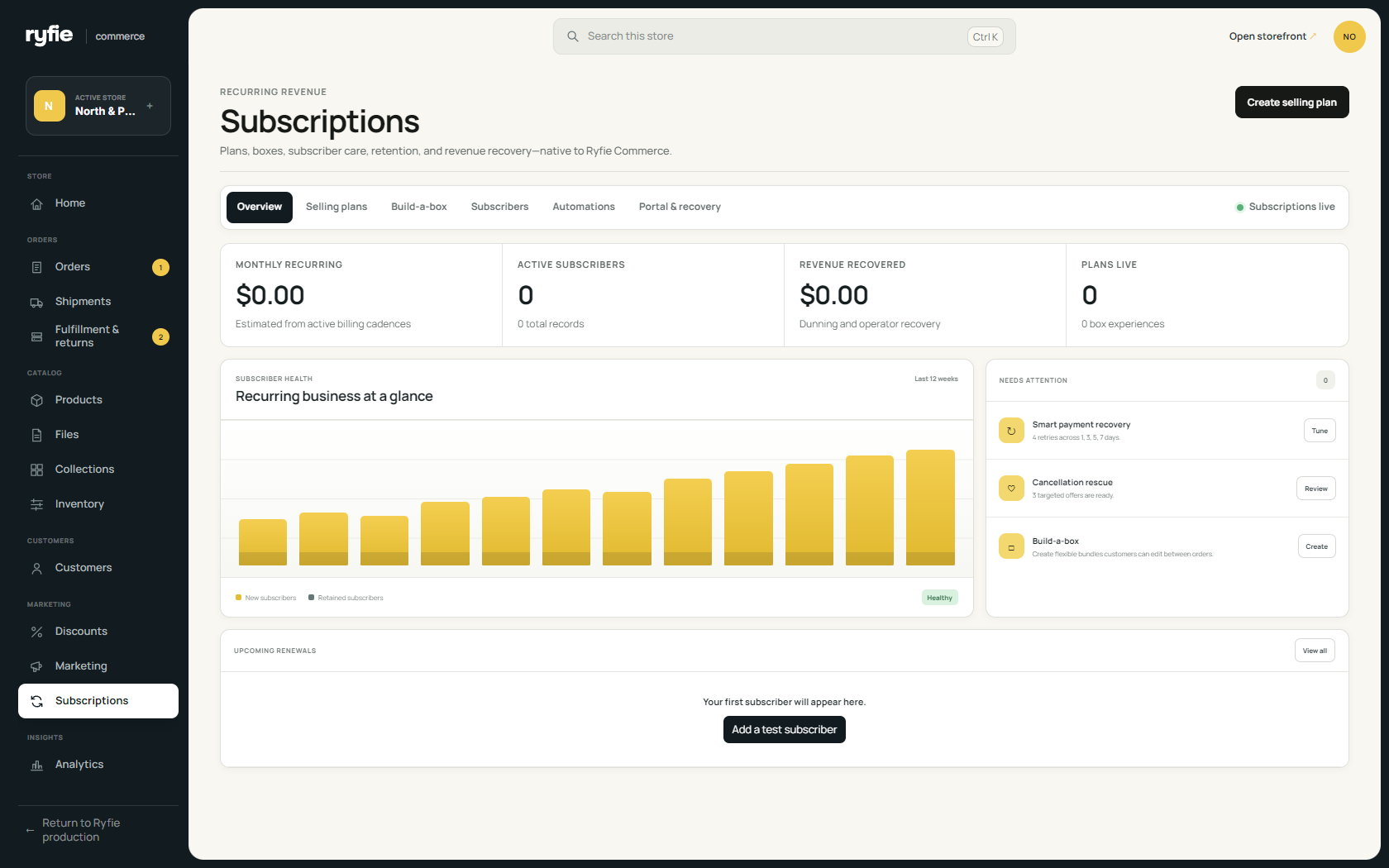 The ryfie commerce subscriptions workspace showing subscriber health and recovery tools